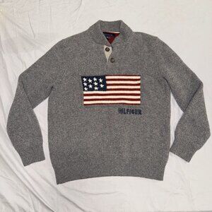 Tommy Hilfiger Large Grey Wool Blend Sweater with Classic American Flag Design